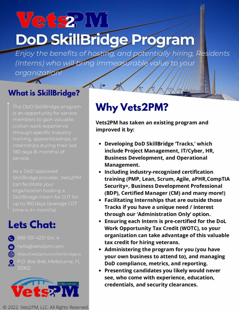 SkillBridge For Corporate America » Vets2PM PMP, CAPM, PMIACP, aPHR